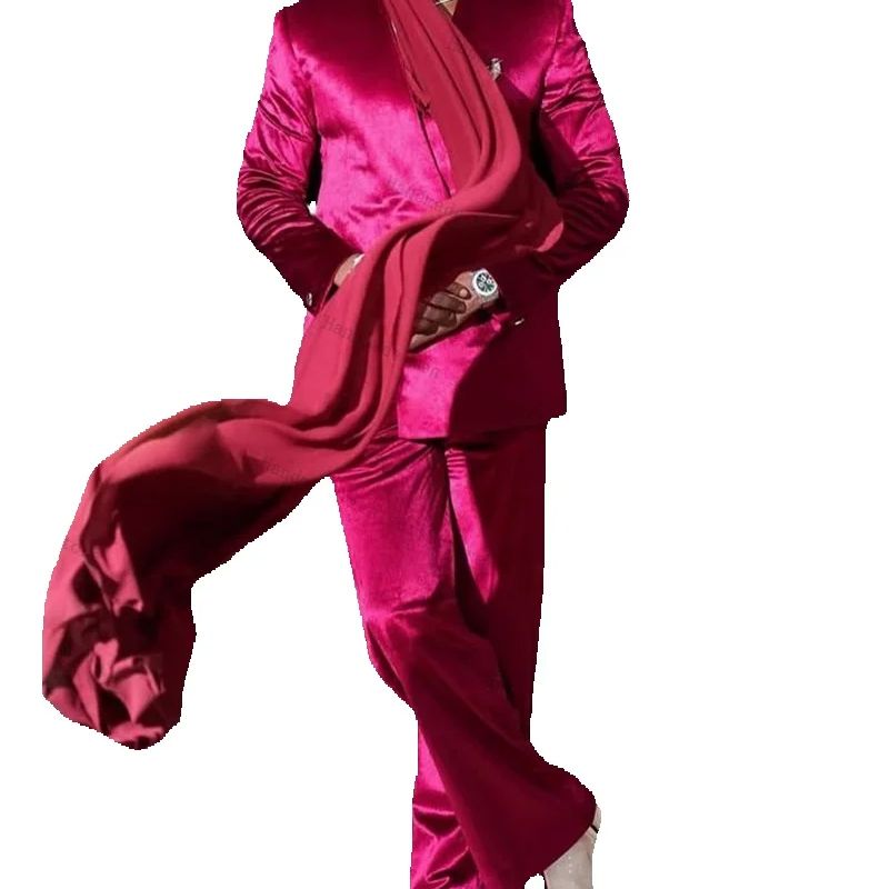 Men Formal Wear With Scarf - Rosa Satin Herren Anzug Set 2-teilig