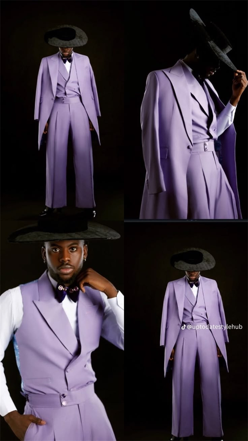 Men Formal Wear Purple - Lila Herrenanzug-Set 3-teilig Langer Blazer+Weste+Hose Smoking