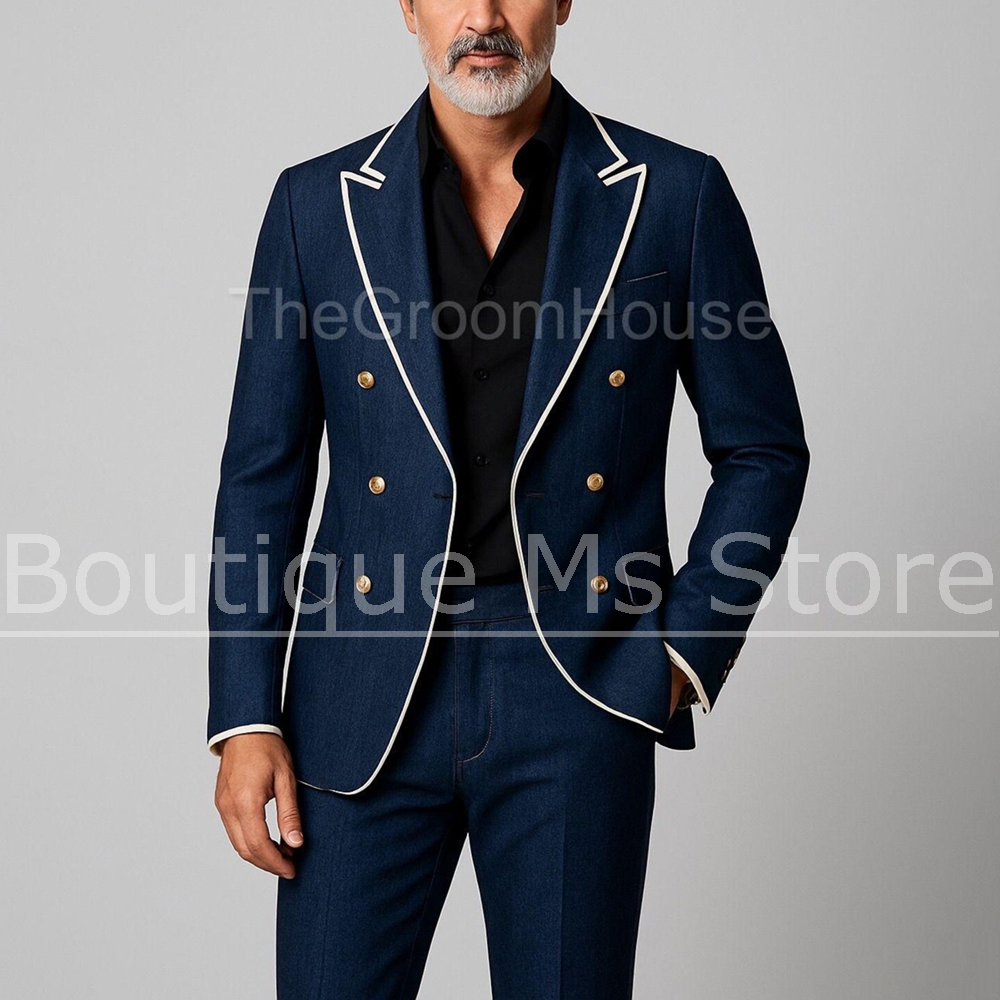 Men Formal Wear Outfits - Herren Denim Zweireiher 2-Teiliger Anzug mit