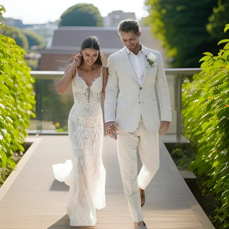 Men Linen Formal Wear - Leinen-Hochzeits-Smoking für Herren, Sommer, Strand, formelle