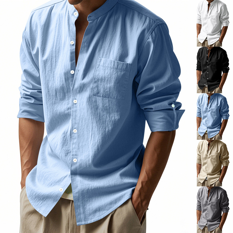 Men Linen Formal Wear - Herren-Hemd aus Leinen mit Stehkragen, modisch,