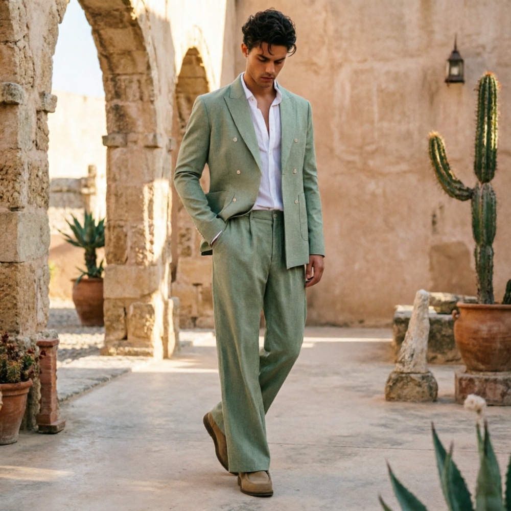 Men'S Relaxed Formal Wear - Salbeigrüner Leinen-Herrenanzug Entspannter Doppelreihiger 2-Teiliger Atmungsaktiver