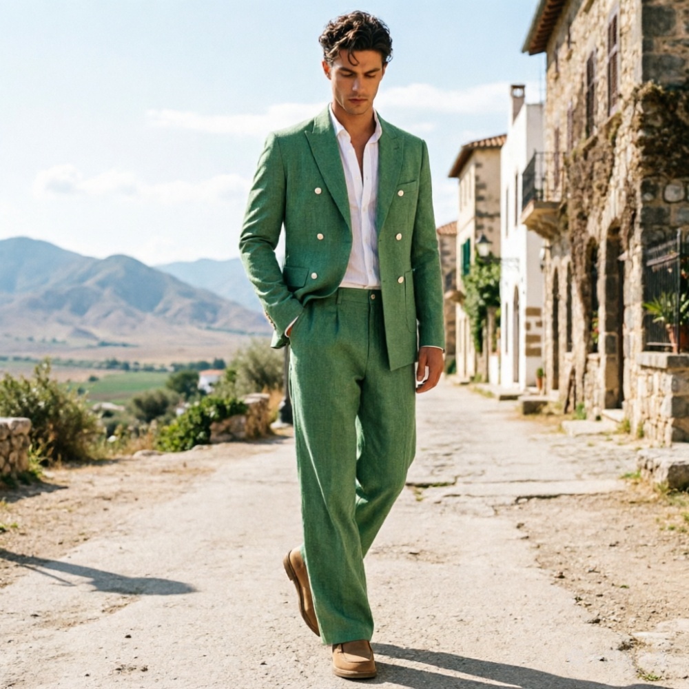 Salbeigrüner Leinen-Herrenanzu – Men'S Relaxed Formal Wear Bewertung und Preis